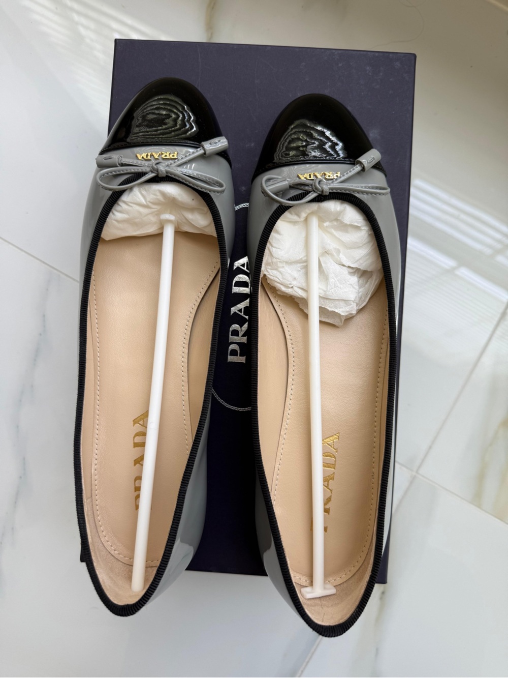 100% Authentic Brand New Prada Gray Leather Ballerina Flats size 38.5